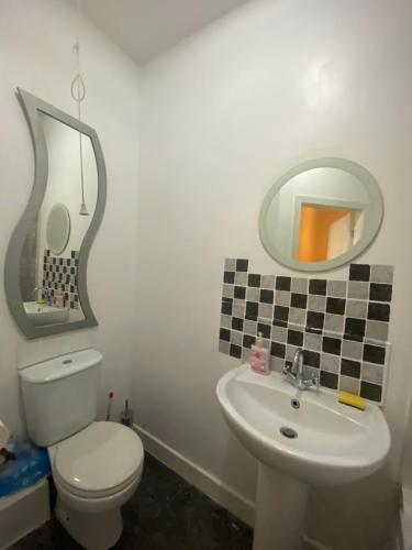 a bathroom with a toilet and a sink and a mirror at Stylish 2 bedroom home in Cleckheaton