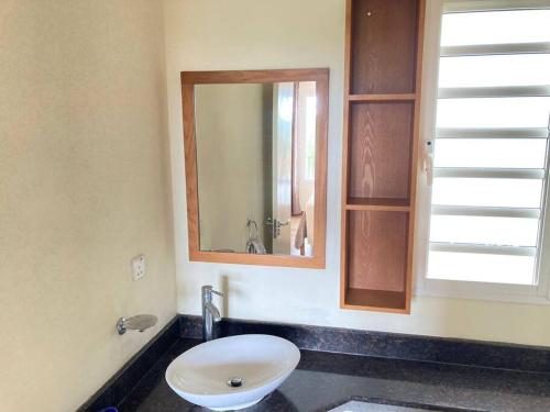 La salle de bains est pourvue de toilettes et d'un miroir. dans l'établissement Tyla Villa in Port Chambly, à Terre Rouge