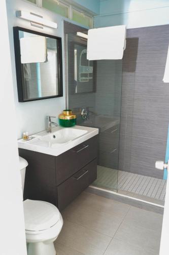 a bathroom with a toilet and a sink and a shower at Vedanta Resort Barbados in Bridgetown