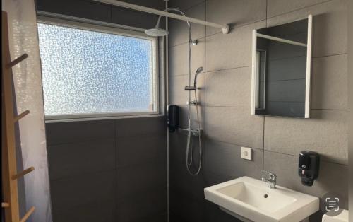 a bathroom with a shower and a sink and a window at Starlight Camping Pods in Hvolsvöllur