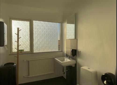 a bathroom with a sink and a window and a toilet at Starlight Camping Pods in Hvolsvöllur