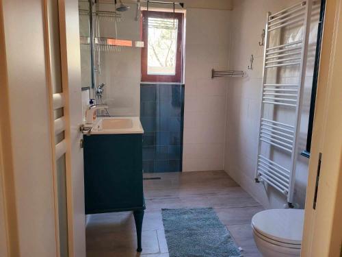 a bathroom with a sink and a toilet and a window at Sashalom Apartman in Budapest