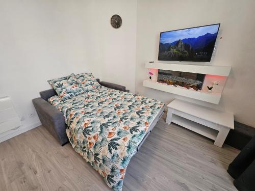 um quarto com uma cama e uma televisão de ecrã plano em Le Petit Havre de Paix em Le Kremlin-Bicêtre