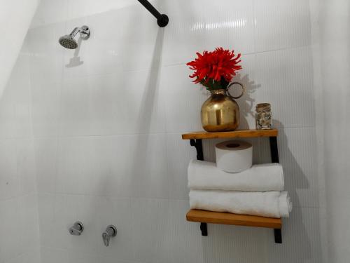 uma casa de banho com um vaso com uma flor vermelha numa prateleira em Apartaestudios La Baranda em Salento