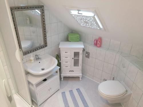 a bathroom with a sink and a toilet and a mirror at Im Herzen des Elbsandsteingebirges in Königstein an der Elbe