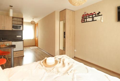 Nida Inn Self Check-in في نيدا: غرفة معيشة مع سرير ومطبخ