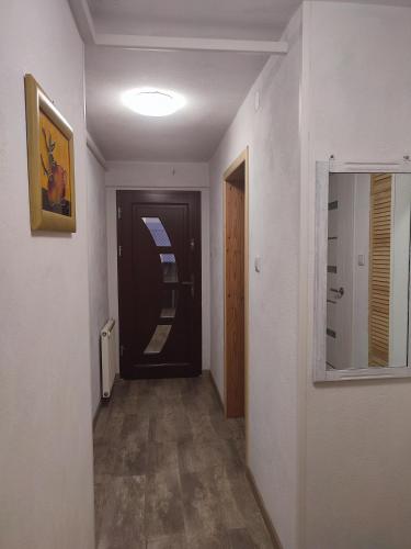 a hallway with a black door and a mirror at Pod Lasem in Nowe Miasto Lubawskie