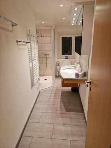 W łazience znajduje się umywalka, toaleta i lustro. w obiekcie Appartamento di vacanza w mieście Poschiavo