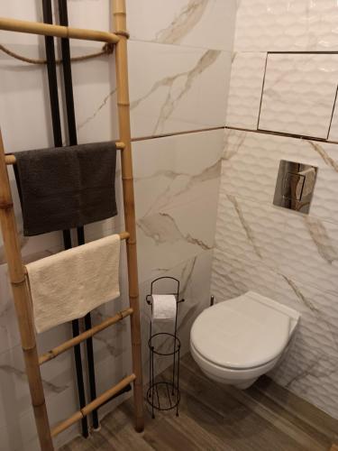Un baño con inodoro y toallero. en Bijoux Apt in the heart of Sofia, en Sofía