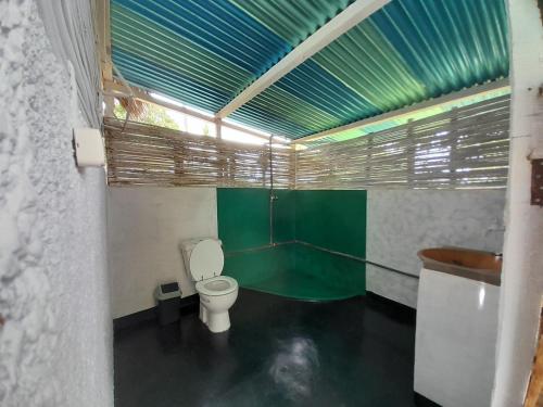 Piecefull bayview Cottage with Kitchen near Tofo في إنهامبان: حمام به مرحاض وسقف أخضر