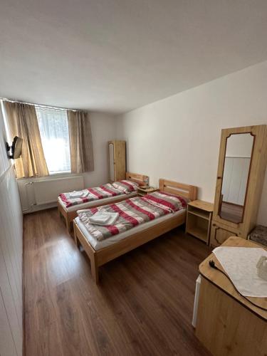 a room with two beds and a mirror in it at Penzión Normandia in Nitrianske Rudno