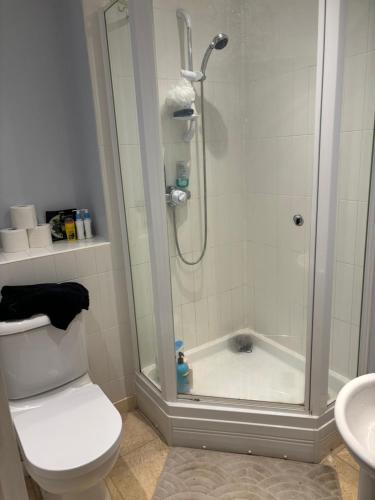 een badkamer met een douche, een toilet en een wastafel bij Luxury 2 Bed Apartment With Parking in Derby
