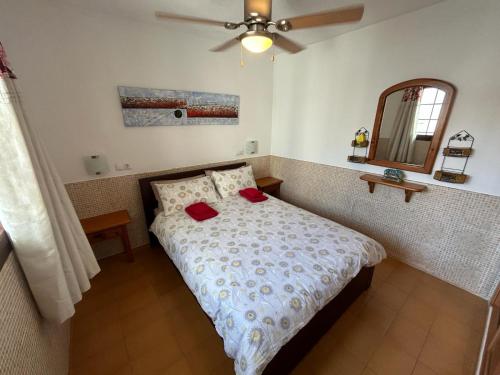 a bedroom with a bed with red pillows and a mirror at Lovely newly refurbished 1 Bedroom Flat Minutes From Sandy Beach,private terrace in Caleta De Fuste