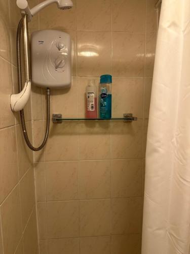 a shower in a bathroom with a soap dispenser at Sandpiper Guest House in Brighton & Hove