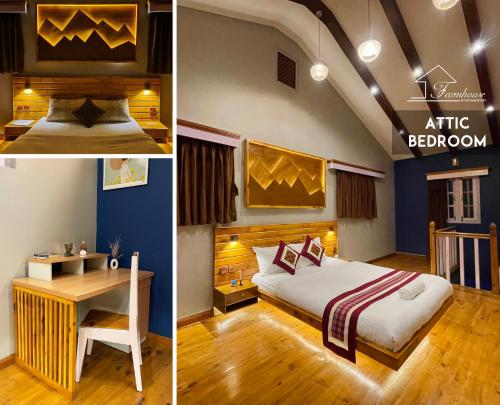 twee foto's van een slaapkamer met een bed en een bureau bij Chitlang Farmhouse in Thānkot