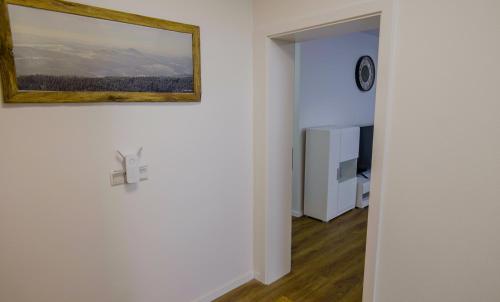 una stanza con un dipinto sul muro e un corridoio di Waldblick am Ring a Kelberg