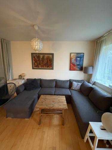 a living room with a blue couch and a coffee table at Lejlighed med udsigt til Frederiksberg have in Copenhagen