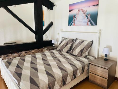 1 dormitorio con cama a cuadros en blanco y negro en Studio de 42m2, vue imprenable, en Tournon-sur-Rhône