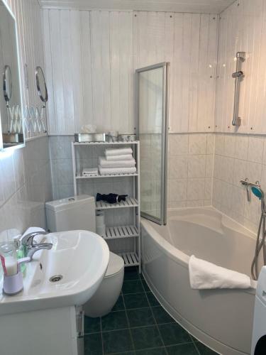 a bathroom with a tub and a toilet and a sink at Ankerplatz 2 in Zingst