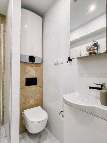 a white bathroom with a toilet and a sink at Luxury Residence Gdansk in Gdańsk