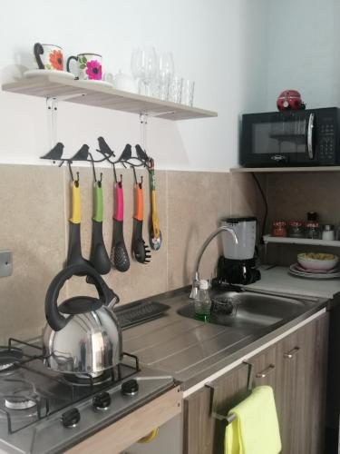 a kitchen with a stove with utensils on the wall at Apartaestudios La Baranda in Salento