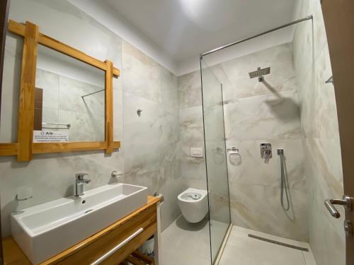 La salle de bains est pourvue d'une douche, d'un lavabo et de toilettes. dans l'établissement Lahuta e Vjeter Agroturizem, à Laç