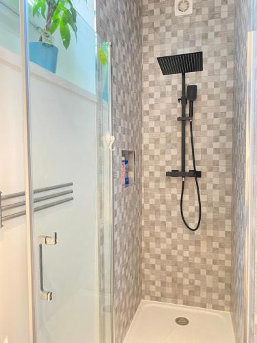 une salle de bain avec une douche avec une porte vitrée dans l'établissement Chic Appartement 2 bedrooms PHANTHEON NOTRE DAME, à Paris