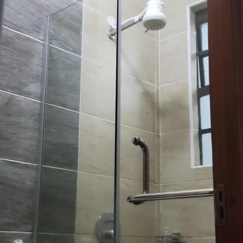 een douche in een badkamer met een glazen deur bij Comfy Luxury Homes in Ruaka
