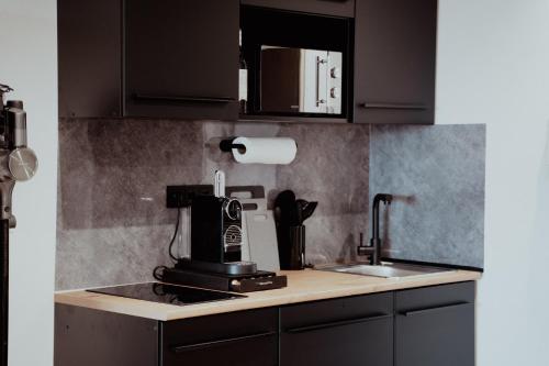 eine Küche mit einer Kaffeemaschine auf einer Theke in der Unterkunft WITTMANN Ferienwohnung in Strandnähe 206 - Schönberg in Kalifornien