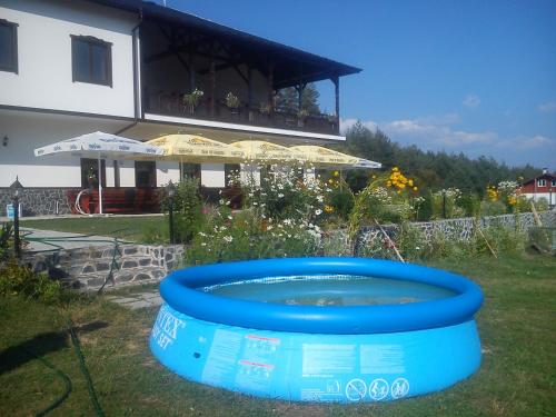 uma grande banheira azul em frente a uma casa em Rusaliite Adventure House em Bachevo