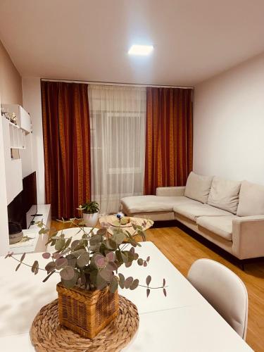 uma sala de estar com um sofá e uma mesa em Tirana Guest Apartment em Tirana
