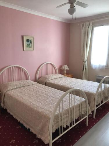 - 2 lits dans une chambre avec des murs roses et une fenêtre dans l'établissement Grande Vue A little bit of French tranquillity, à Floirac