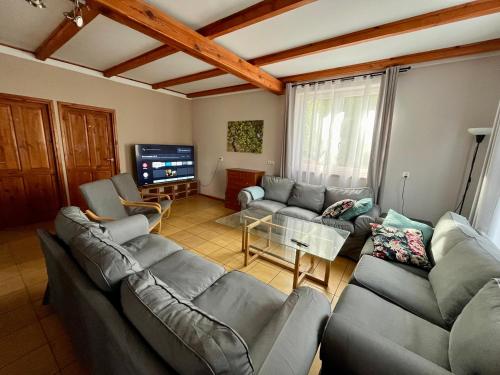 a living room with couches and a flat screen tv at Wigierska Osada in Danowskie