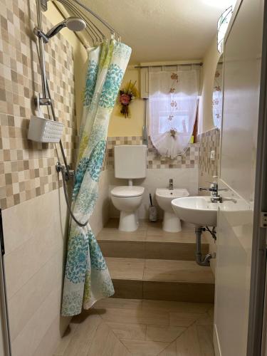 łazienka z zasłoną prysznicową i toaletą w obiekcie Stella di Mare - 20 mt dalla spiaggia w mieście San Vincenzo