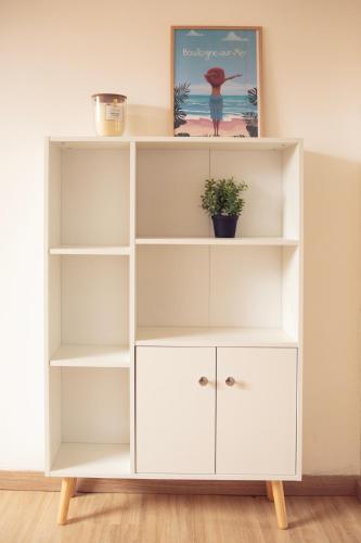 une étagère blanche avec une plante en pot dans l'établissement ++++ CENTRAL COSY DUPLEX ++++ A 5 MIN DES REMPARTS ET 12 MIN DE PLACE DALTON A PIEDS, à Boulogne-sur-Mer