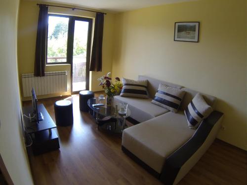 a living room with a couch and a table at Rusaliite Adventure House in Bachevo