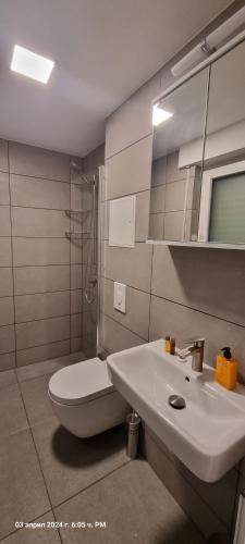 a bathroom with a sink and a toilet and a mirror at Studio Apartment Nähe S-Bahn in Oberesslingen