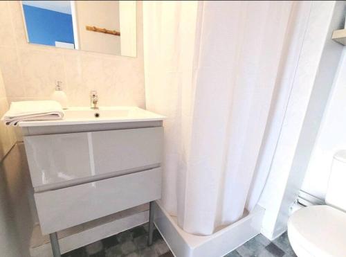 Baño blanco con lavabo y aseo en Appartement proche Futuroscope avec Parking, en Jaunay-Clan