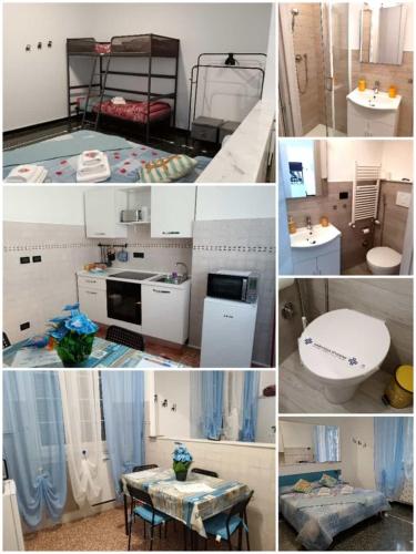 a collage of four pictures of a room with a bathroom at Casa di Laura 2 in Genoa