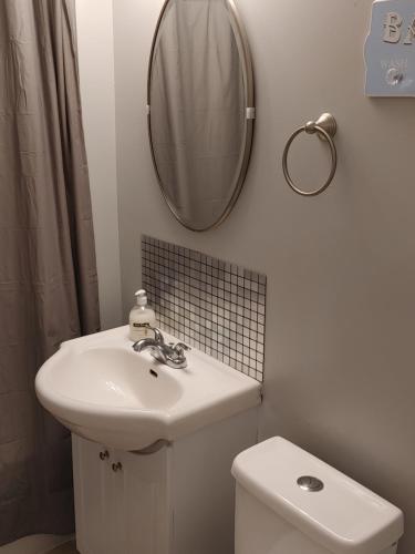 y baño con lavabo, espejo y aseo. en 32 jean economic room 1.6, en Saint John