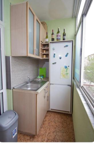 a small kitchen with a refrigerator and a sink at Cosy Tirana apartment 1+1 in Tirana