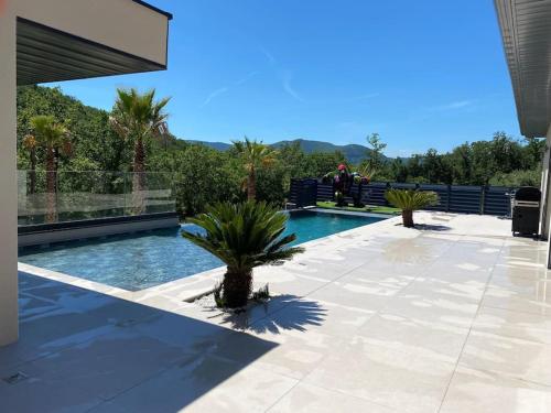 - une piscine avec deux palmiers sur une terrasse dans l'établissement Logement avec piscine paradisiaque, aux Tourrettes