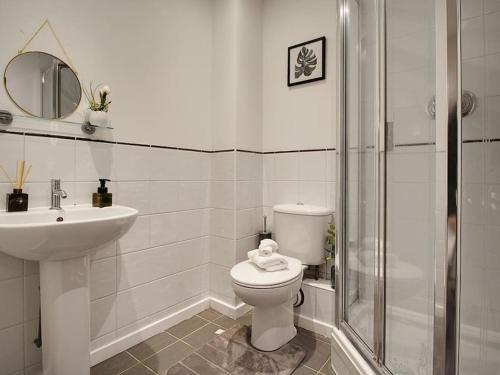 La salle de bains est pourvue de toilettes, d'un lavabo et d'une douche. dans l'établissement Long stays Flat in Reading, à Reading