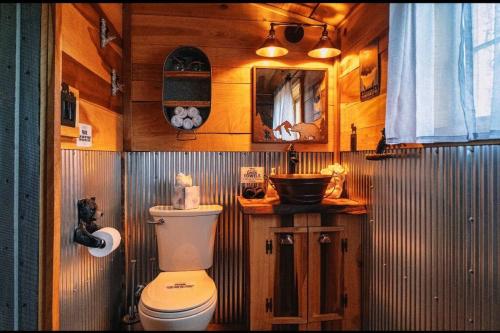 La petite salle de bains est pourvue de toilettes et d'un lavabo. dans l'établissement Bear Necessities, à Sevierville