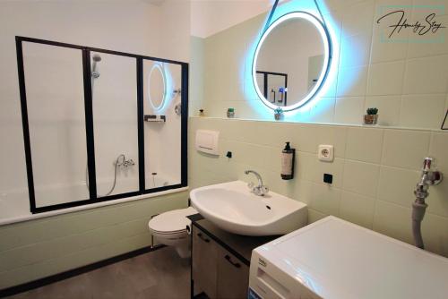 a bathroom with a sink and a toilet and a mirror at HOMELY STAY - Serenity Greens Studio in Munich