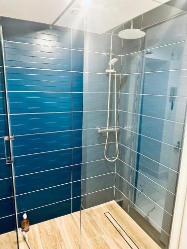 La salle de bains est pourvue d'une douche en verre avec du carrelage bleu. dans l'établissement T3 carré d’or plein centre, à Nice