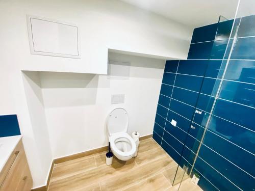 ein Bad mit einem WC und blauen Fliesen in der Unterkunft T3 carré d’or plein centre in Nizza