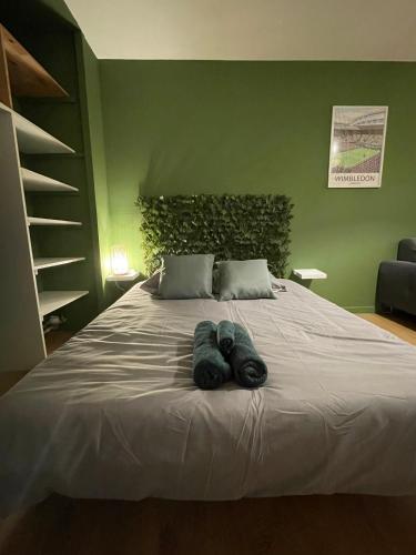1 dormitorio con 1 cama grande y paredes verdes en Le Wimbledon en Chalon-sur-Saône