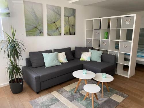 ein Wohnzimmer mit einer Couch und zwei Tischen in der Unterkunft Wohnstudio für bis zu 1-4 Personen nahe Bodensee in Stockach