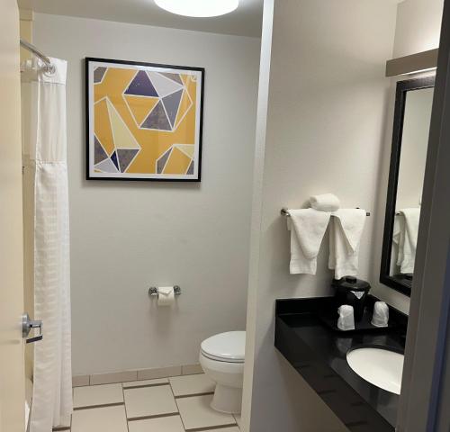 a bathroom with a toilet and a sink at Comfort Inn & Suites Akron South in Akron